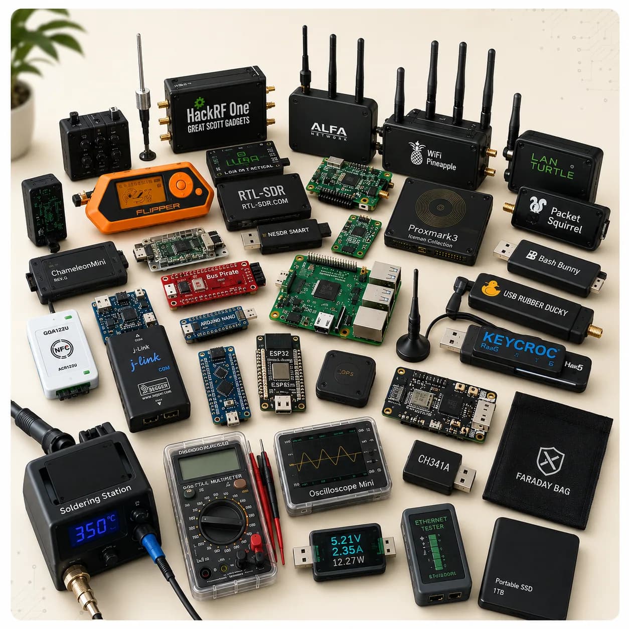 The complete Cyber Hardware collection — 30 cybersecurity hardware devices on a desk